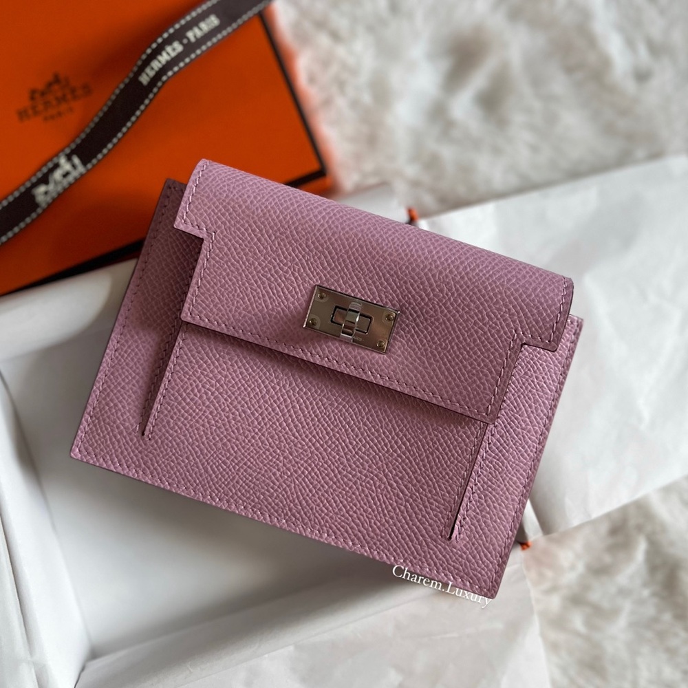 NEW! 💕HERMES Kelly Compact Wallet Pink Mauve Sylvestre Epsom Palladium HW